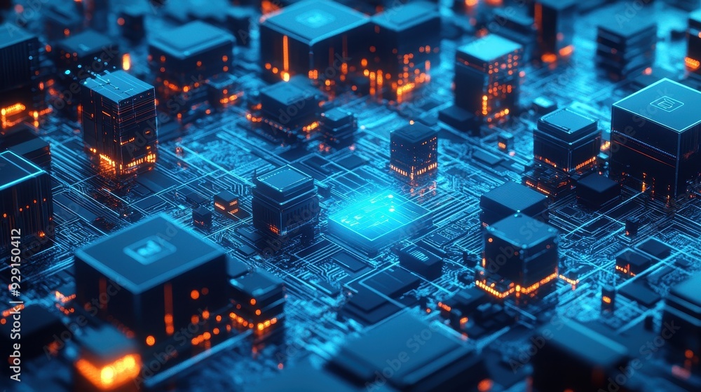 Poster a close-up view of a futuristic circuit board with glowing elements.
