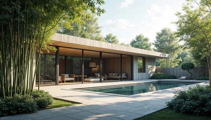 Fototapeta premium Modern Japanese home with sleek design, large windows, and a serene bamboo garden, emphasizing harmony with nature. Perfect for ads.
