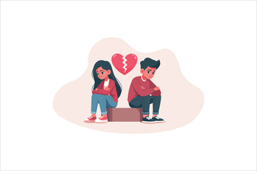 Problems in couple relations concept. Young sad depressed couple sitting back to back crying feeling lonely having bad relationships splitting up vector illustration.