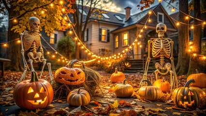 Spooky outdoor Halloween decorations illuminate a dark autumn evening, featuring glowing jack-o-lanterns, ghostly webbing, and menacing skeletons amidst fallen leaves and twinkling string lights.
