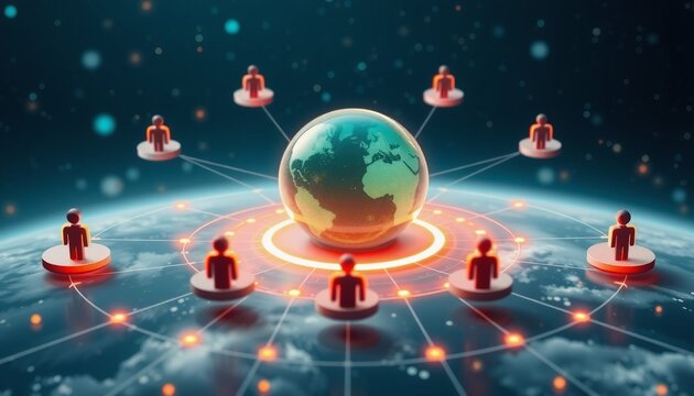 Businesspeople icons as planets orbiting around a central hub connected by digital pathways