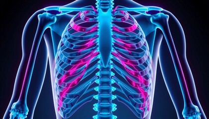 human skeleton neon blue veins pink arteries overlaying medical illustration