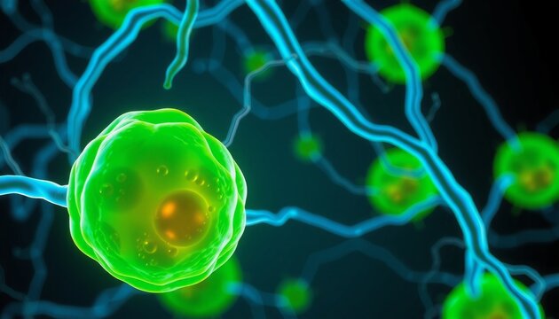 neon green lymph nodes filtering fluid connected to blue lymphatic vessels dark background