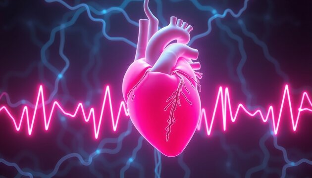neon pink heart beating rhythmically surrounded by electrical impulses medical animation