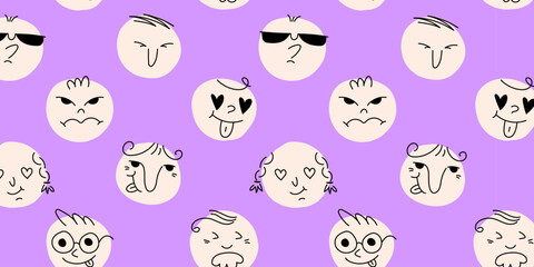 Round abstract comic Faces. Flat design. Different colored characters. Hand drawn trendy Vector illustration for kids. Square seamless Pattern