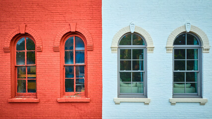 Aerial View of Contrasting Red and White Building Facades in Kalamazoo