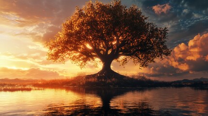 Obraz premium A breathtaking golden-lit tree reflecting over a serene lake during a captivating sunset, showcasing nature’s beauty in a tranquil, picturesque, and calming scene.