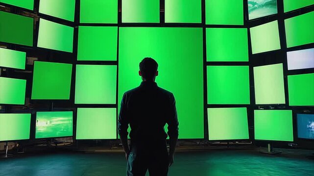 Pushing towards man standing in silhouette in front of a wall of video screens. Each screen is a chroma key green screen.