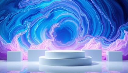 podium isolated in vibrant vortex of icy blues and purples colors swirling dynamically creating sense of depth and wonder