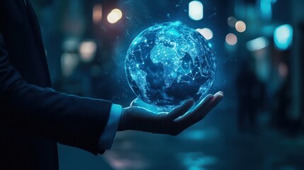 Fototapeta premium Businessman with a glowing virtual earth globe in hand, symbolizing global connectivity