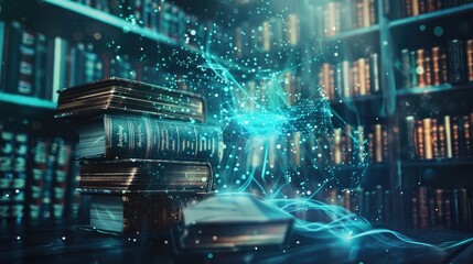 Fototapeta premium Mystical Library with Books and Glowing Light