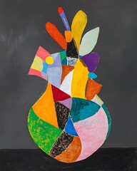 A colorful abstract vase with various shapes and patterns against a dark background.