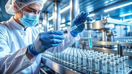Sterile gloved hands hold a syringe and vial amidst(background) rows of humming machinery, blending medical research with industrial production in a modern facility.