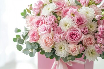 Beautiful bouquet of rose and chrysanthemums flowers and pink gift box on white table background. Gift for holiday, birthday, Wedding, Mother's Day, Valentine's day, Women's Day. with generative ai