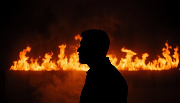 Human silhouette against wall of fire smoke obscures face dramatic contrast