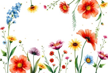 Colorful wildflowers including sunflowers, daisies, and poppies against a white background