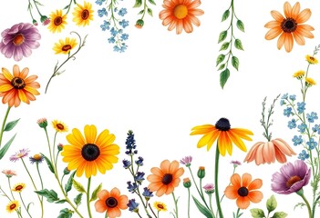 Colorful wildflowers including sunflowers, daisies, and poppies against a white background