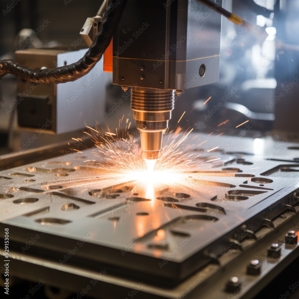 Poster cnc milling machine closeup cutting intricate shape in metal with sparks for precision work