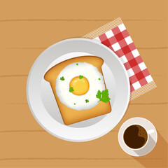 Fried egg with bread toast and a cup of coffee vector illustration design. breakfast illustration.