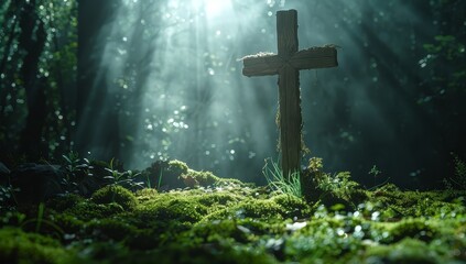 Fototapeta premium A wooden cross in the center of an old forest, bathed by rays of sunlight. The scene is peaceful and serene with nature all around it. 