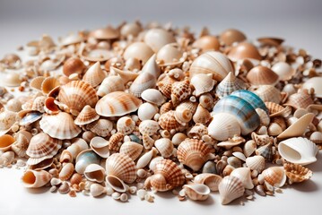 Summer flat lay, pile of colorful seashells close-up
