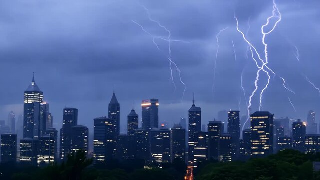 Scary multitude lightnings sparkle over modern city with skyscrapers timelapse. Electrical storm bad weather. Strong rain shower heavy precipitation. Night illumination Loud thunder rumbles time lapse