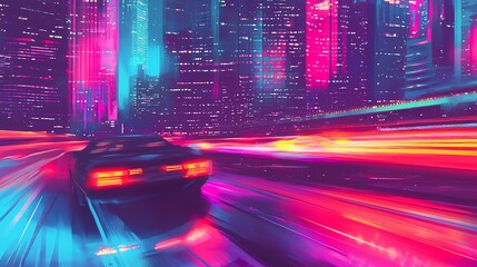 A dynamic night scene featuring a car speeding through a vibrant cityscape with neon lights and colorful reflections.