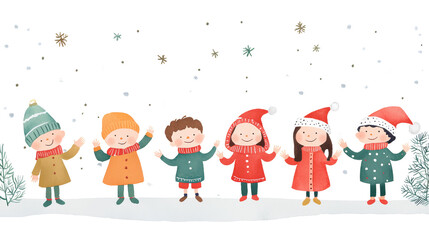 Fototapeta premium Illustration of children in winter clothing enjoying a snowy day, featuring snowflakes and festive attire. Perfect for holiday-themed designs.
