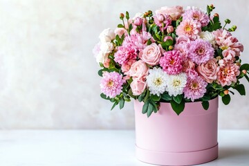 Fototapeta premium Beautiful bouquet of rose and chrysanthemums flowers and pink gift box on white table background. Gift for holiday, birthday, Wedding, Mother's Day, Valentine's day, Women's Day. with generative ai