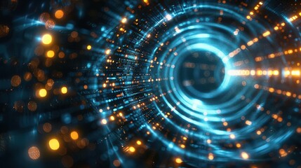 Obraz premium Abstract glowing circles with vibrant particles, creating a mesmerizing futuristic background for tech and digital themes.