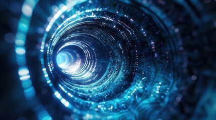 Obraz premium A mesmerizing digital tunnel with glowing lights, creating a sense of depth and infinite possibilities in a futuristic landscape.