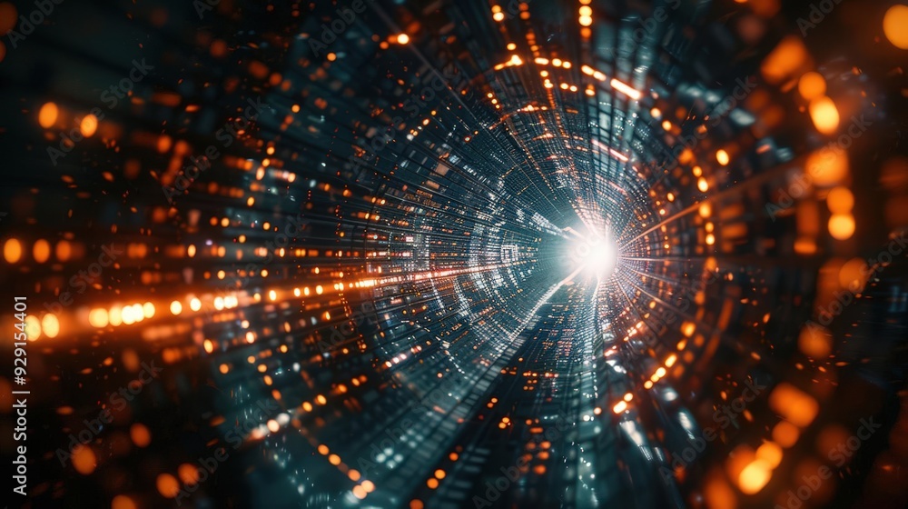Poster explore a mesmerizing abstract tunnel of light, blending futuristic technology and glowing particles