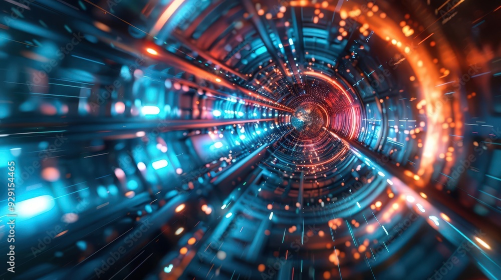 Poster a dynamic abstract tunnel with vibrant blue and orange lights, creating a sense of depth and movemen