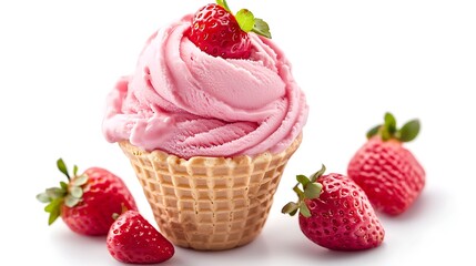 A strawberry ice-cream with strawberry on it on white background