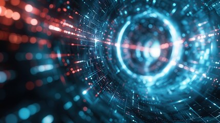 Fototapeta premium A vibrant digital tunnel showcasing glowing particles in blue and red, representing modern technology and innovation.