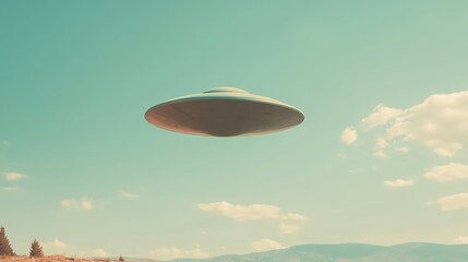 A mysterious flying saucer hovers in a clear sky over a scenic landscape, evoking curiosity about extraterrestrial life.