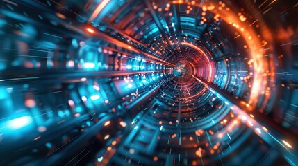Obraz premium A dynamic abstract tunnel with vibrant blue and orange lights, creating a sense of depth and movement in a futuristic environment.