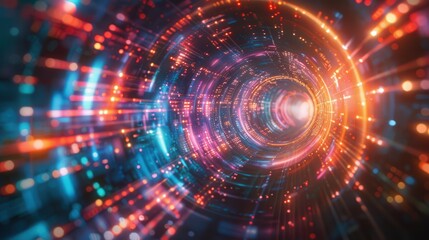 A mesmerizing tunnel of vibrant lights and colors, symbolizing motion and digital transformation in a futuristic space.