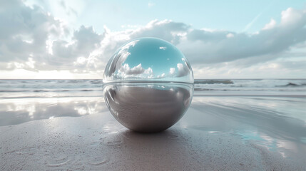 Shiny chrome sphere on a sandy beach, cloudy sky, and subtle reflection of clouds in water.
