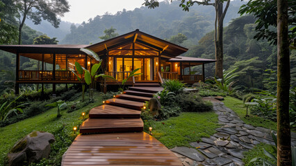 Fototapeta premium luxurious eco-lodge surrounded by dense forest, with beautifully lit wooden pathway, offering tranquil and nature-focused retreat for eco-conscious travelers seeking harmony with environment