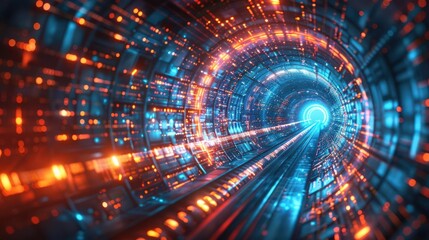 Fototapeta premium A vibrant, futuristic tunnel of light, presenting a mesmerizing blend of blue and orange hues, symbolizing advanced technology.