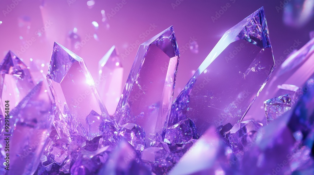 Poster a close-up view of shimmering purple crystals with a soft gradient background.