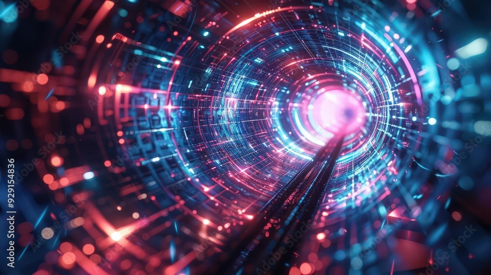 Poster futuristic digital tunnel with vibrant blue and red lights, creating a mesmerizing visual experience