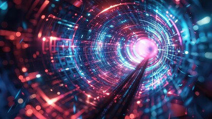 Fototapeta premium Futuristic digital tunnel with vibrant blue and red lights, creating a mesmerizing visual experience of motion and depth.
