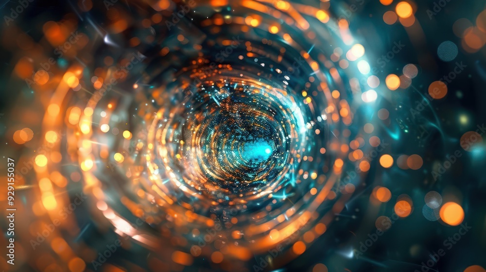 Poster a vibrant digital vortex filled with glowing particles, creating a stunning visual effect of motion 