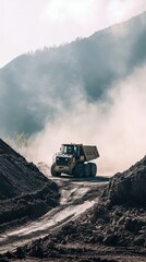 A mining truck moves through dust on a rugged path in a mountainous area