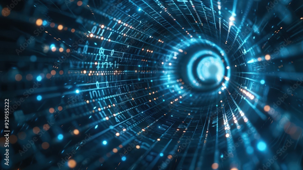 Poster a stunning digital tunnel filled with glowing blue data particles, representing technology and futur