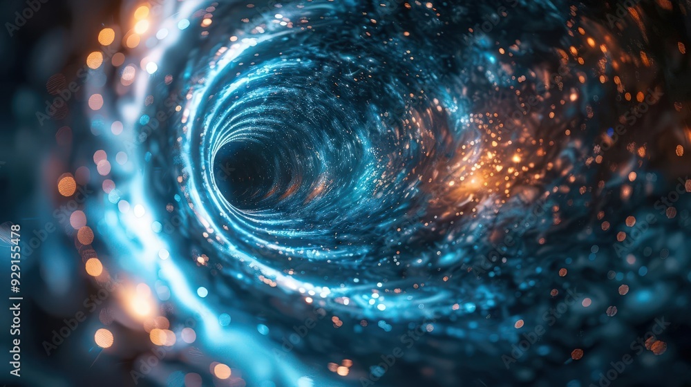 Poster dramatic swirling vortex of light and energy, creating a mesmerizing cosmic tunnel effect, perfect f