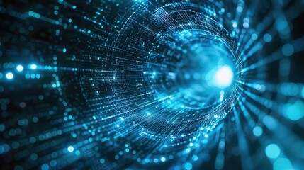 A mesmerizing blue tunnel of light, showcasing modern technology and digital innovation with radiant particles and depth.