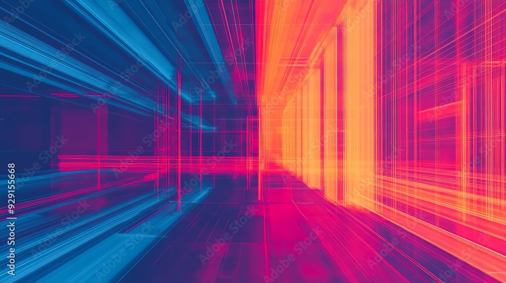 Poster a vibrant abstract space with dynamic lines in blue and orange, creating a sense of motion and energ